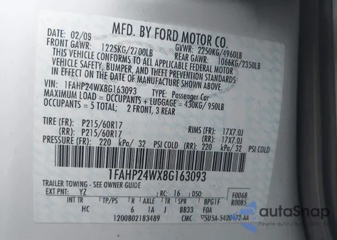 2008 Ford Taurus Sel from USA, damaged, VIN 1FAHP24WX8G163093